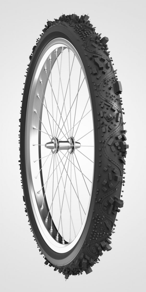 Bike City - Illustrazione 3D di una città attorno a uno pneumatico
