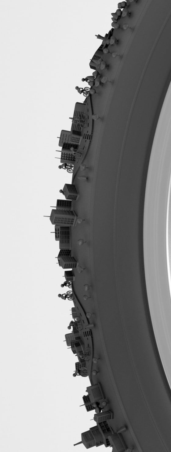 Bike City - Illustrazione 3D di una città attorno a uno pneumatico