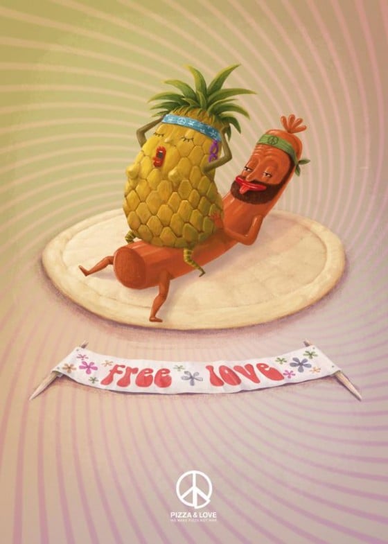 Pizza & Love - Free Love, campagna stampa multisoggetto firmata Contrapunto Barcelona