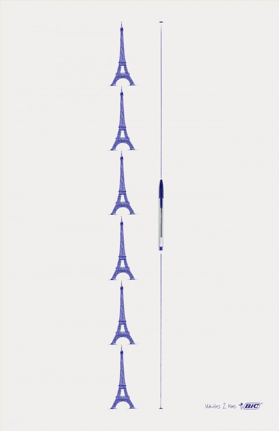 BIC Writes 2 Km - Campagna stampa multisoggetto firmata TBWA\Frederick - Eiffel Tower