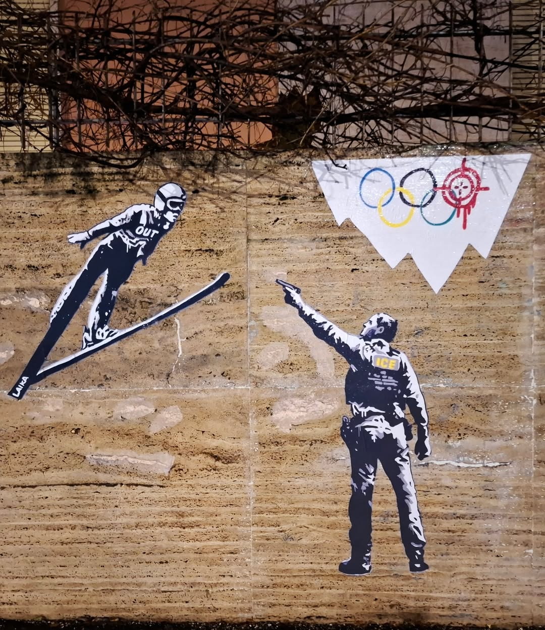 Laika's artwork against the presence of ICE at the Olympics